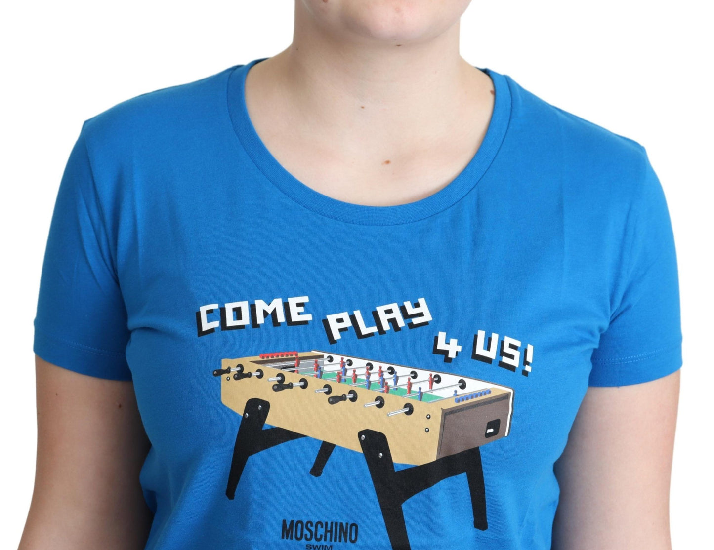 Moschino Blue Cotton Come Play 4 Us Print T-shirt $513.00 Moschino Luzworld