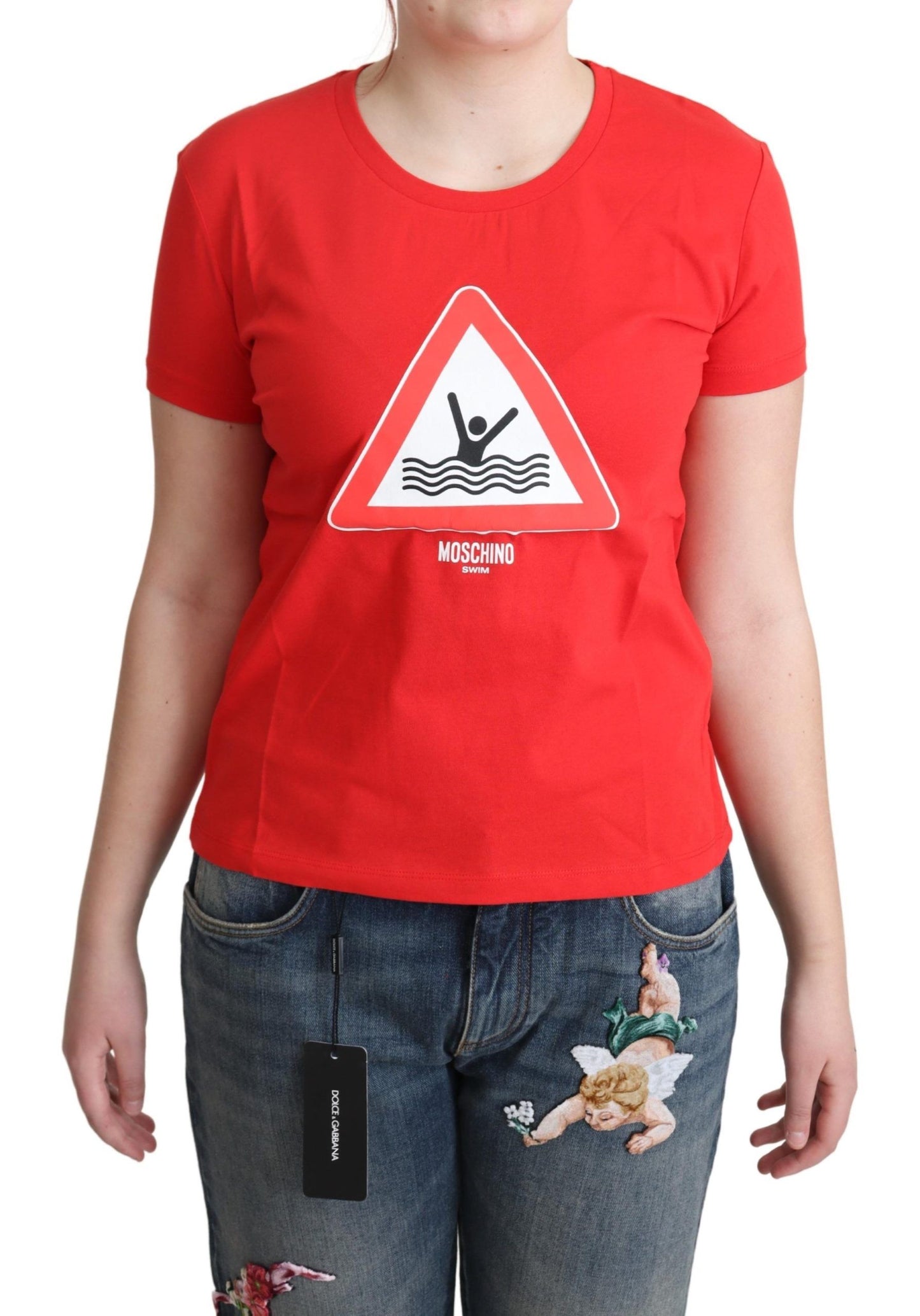 Moschino Red Cotton Swim Graphic Triangle Print T-shirt $513.00 Moschino Luzworld