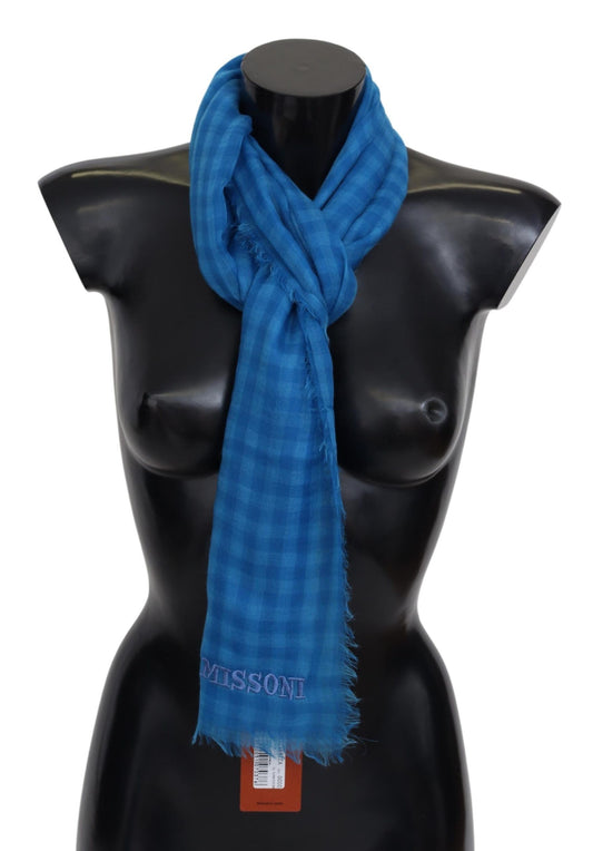 Missoni Blue Checkered Cashmere Unisex Wrap Fringes Scarf $810.00 Missoni Luzworld