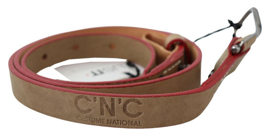 Costume National Beige Leather Silver Logo Buckle Waist Belt $198.00 Costume National Luzworld