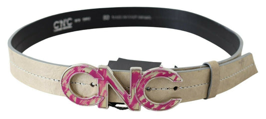 Costume National Beige Leather Pink Letter Logo Buckle Belt $280.00 Costume National Luzworld