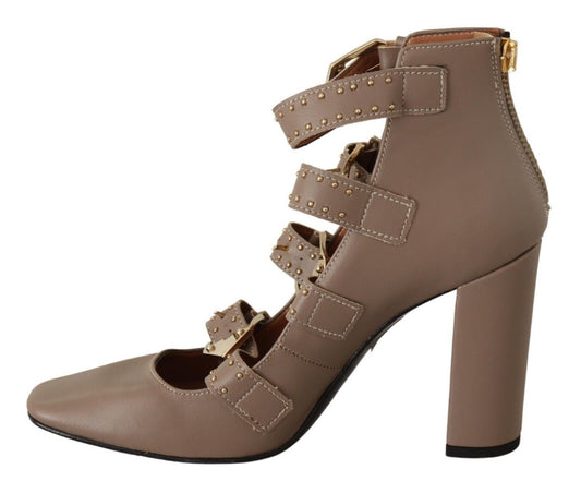 MY TWIN Brown Leather Block Heels Multi Buckle Pumps Shoes $1454.00 MY TWIN Luzworld