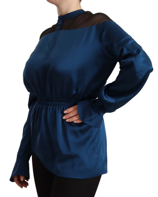 Masha Ma Blue Silk Long Sleeves Elastic Waist Top Blouse $935.00 Masha Ma Luzworld
