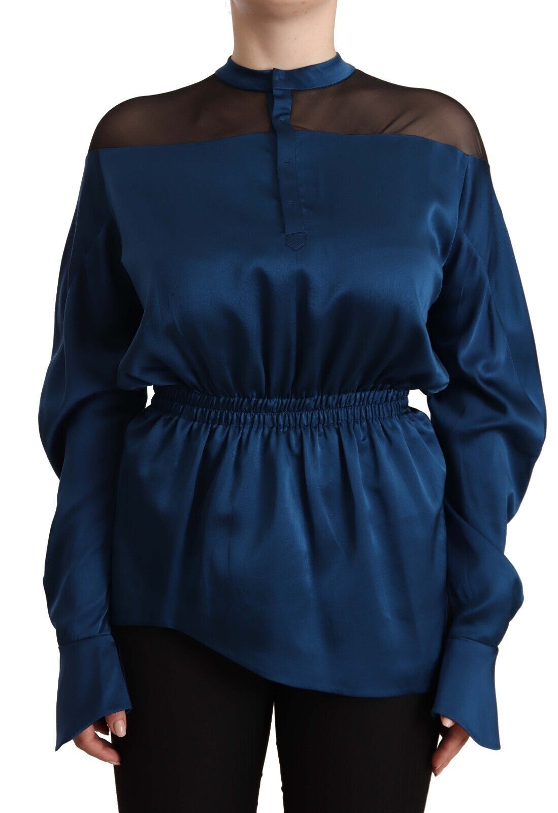Masha Ma Blue Silk Long Sleeves Elastic Waist Top Blouse $935.00 Masha Ma Luzworld