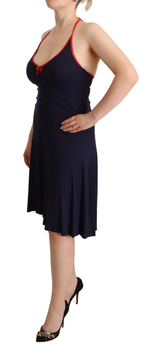 Roccobarocco Navy Blue Sleeveless Halter Sheath Midi Dress $738.00 Roccobarocco Luzworld