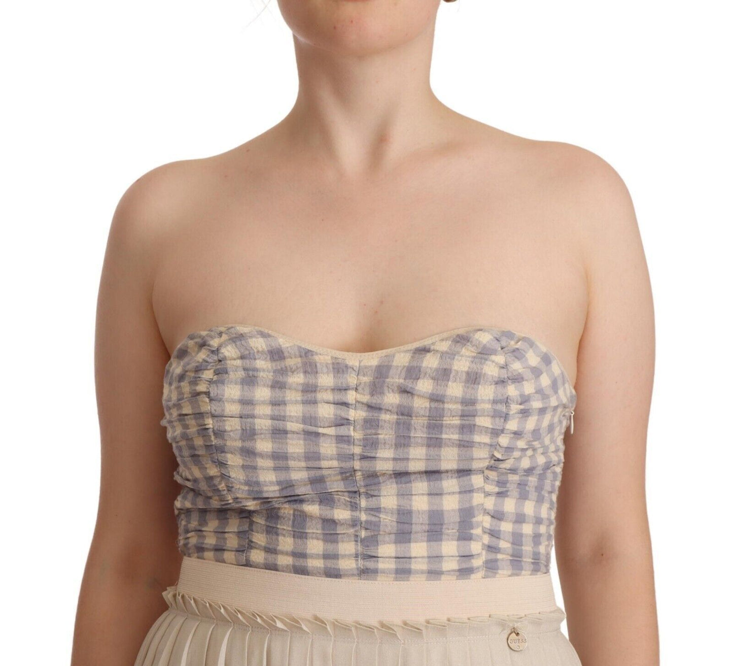 Guess Beige Checkered Pleated A-line Strapless Bustier Dress $611.00 Guess Luzworld