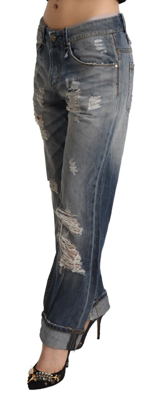 Acht Blue Tattered Mid Waist Straight Denim Cotton Jeans $611.00 Acht Luzworld