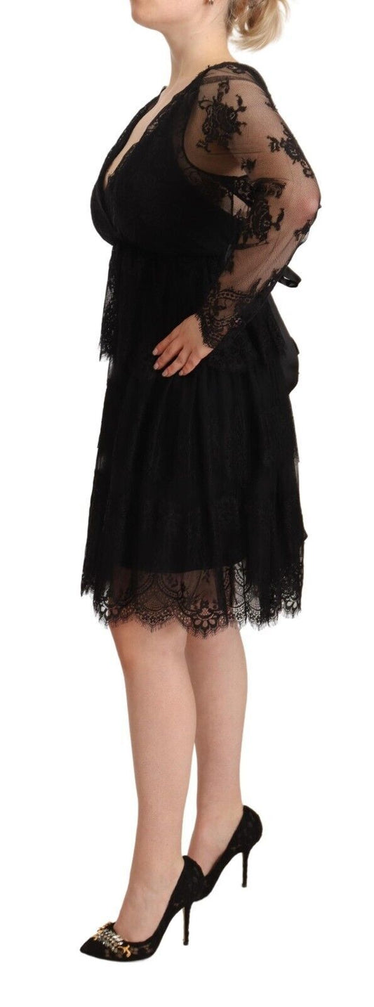 Aniye By Black Floral Lace Cotton Long Sleeves V-neck Shift Dress $999.00 Aniye By Luzworld