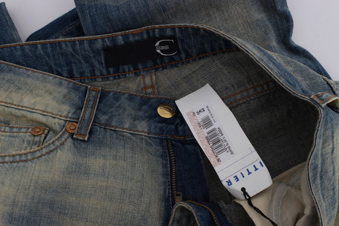 Cavalli Blue Wash Cotton Slim Fit Bootcut Jeans $649.00 Cavalli Luzworld