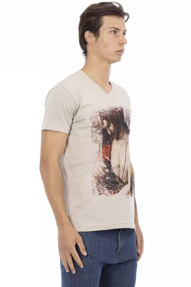 Trussardi Action Beige Cotton Men V-neck T-shirt $130.00 Trussardi Action Luzworld