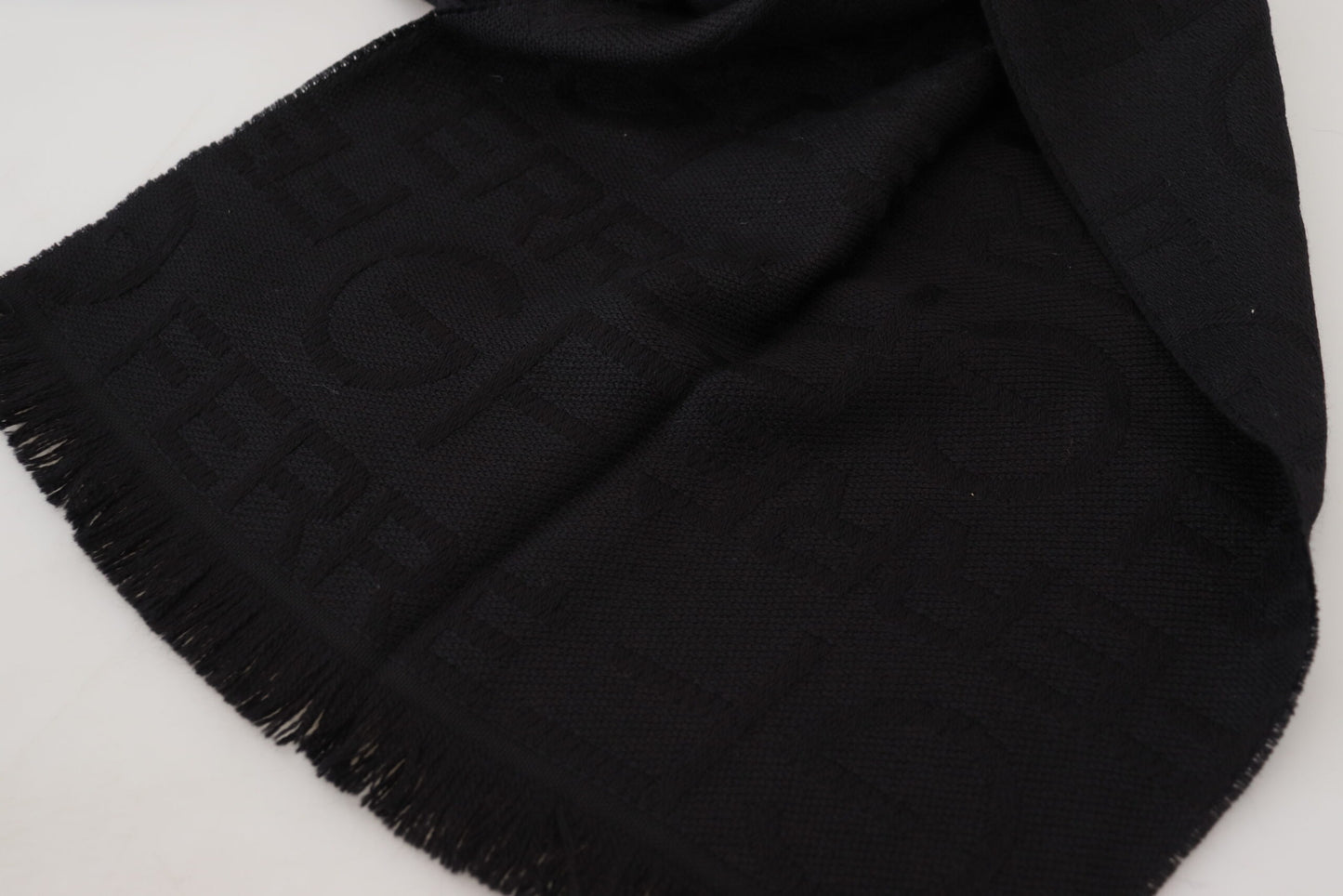 GF Ferre Black Wool Neck Wrap Shawl Fringes Scarf $501.00 GF Ferre Luzworld