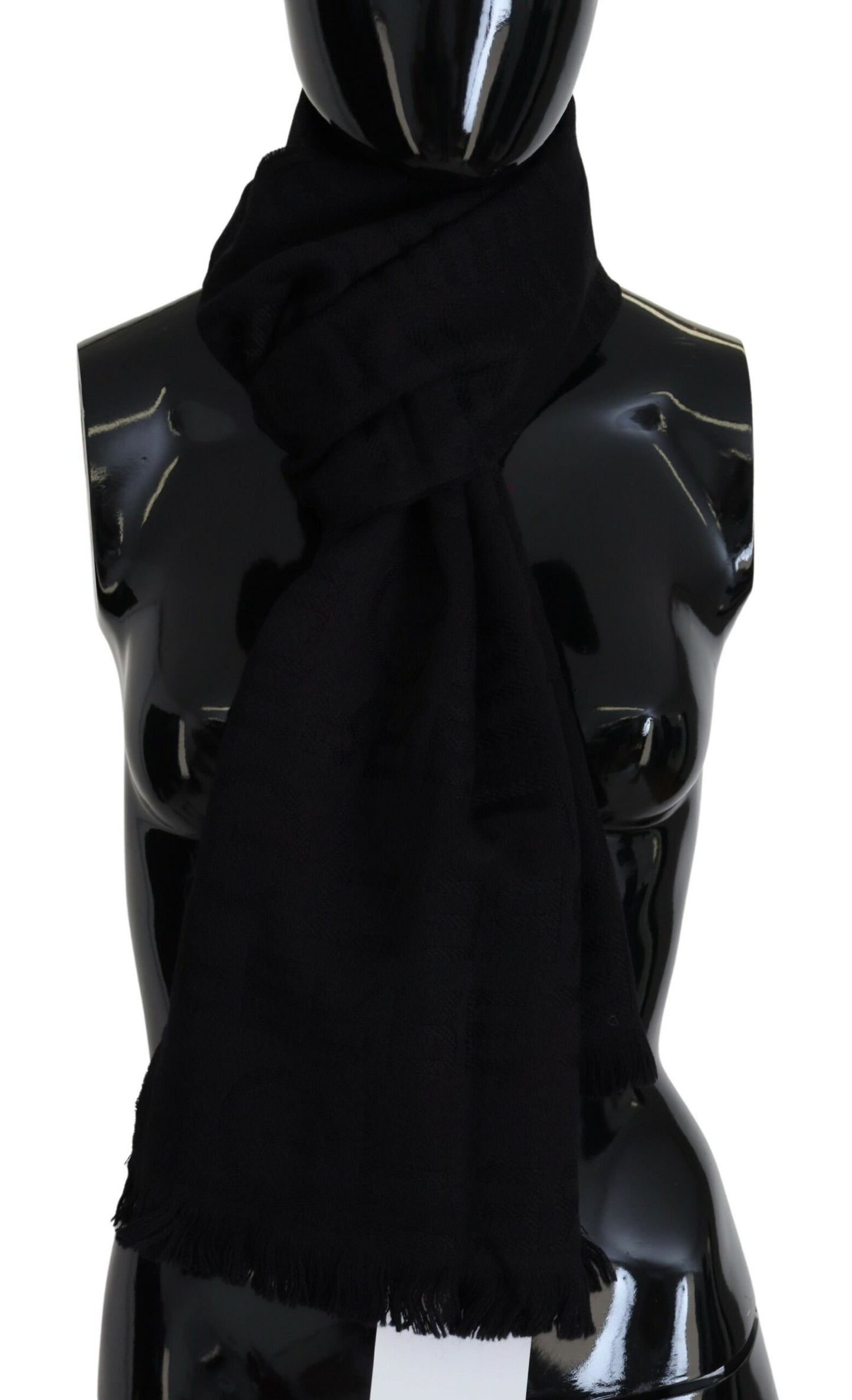 GF Ferre Black Wool Neck Wrap Shawl Fringes Scarf $501.00 GF Ferre Luzworld
