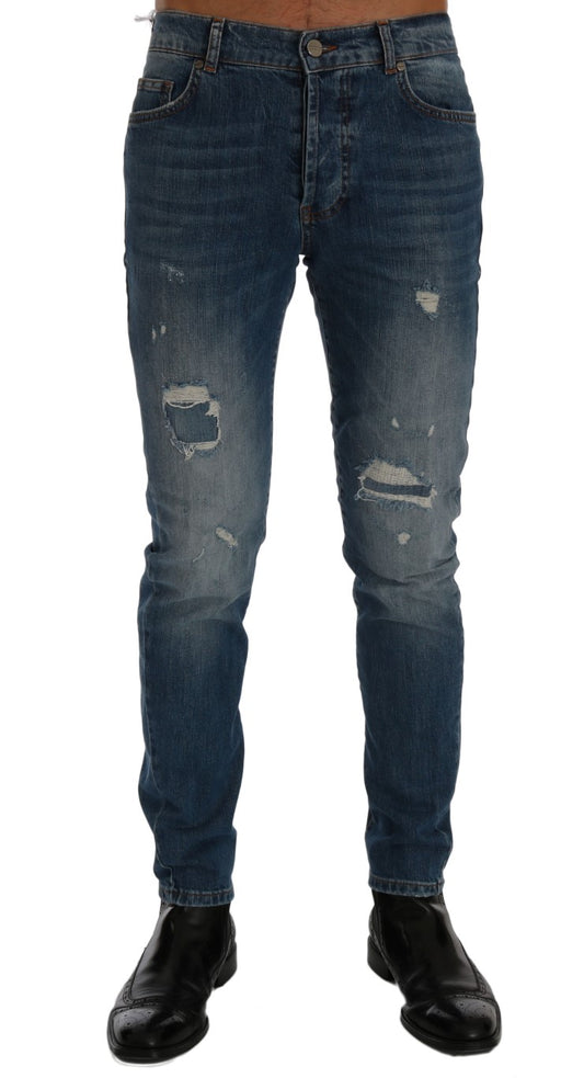 Frankie Morello Blue Wash Torn Dunfermile Slim Fit Jeans $638.00 Frankie Morello Luzworld