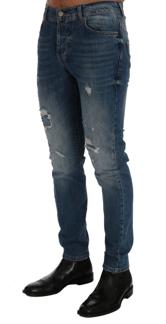Frankie Morello Blue Wash Torn Dunfermile Slim Fit Jeans $638.00 Frankie Morello Luzworld