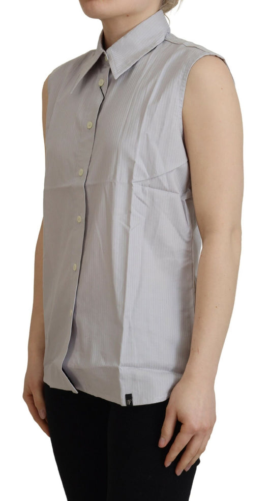 Ferre Light Gray Stripes Cotton Sleeveless Collared Top $532.00 Ferre Luzworld