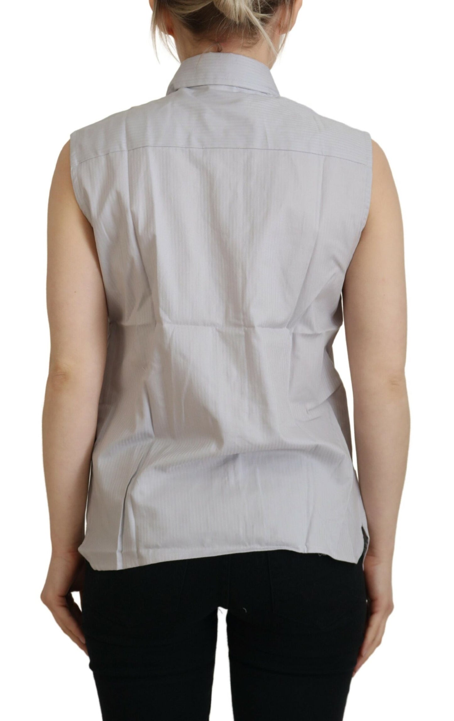 Ferre Light Gray Stripes Cotton Sleeveless Collared Top $532.00 Ferre Luzworld