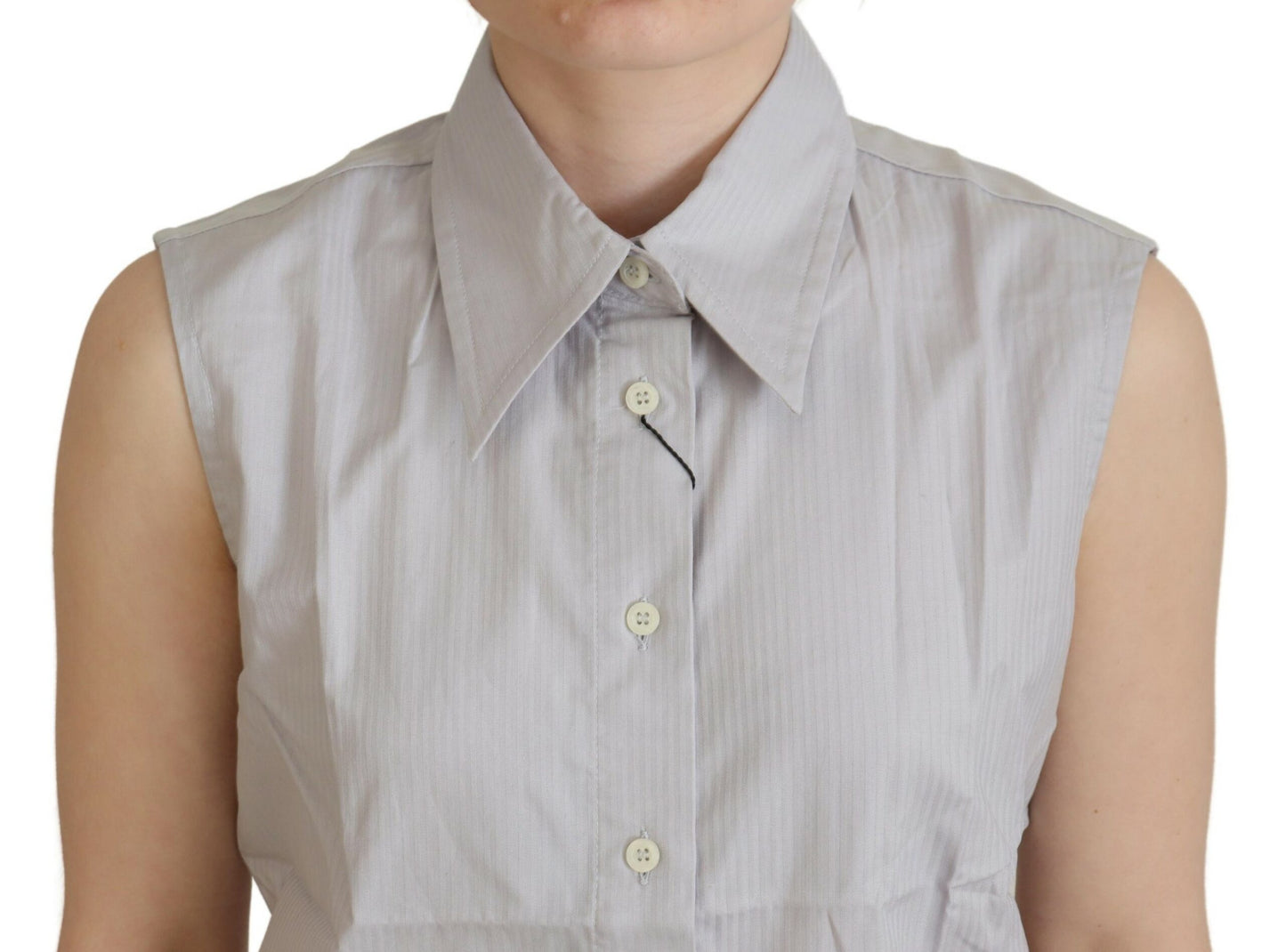 Ferre Light Gray Stripes Cotton Sleeveless Collared Top $532.00 Ferre Luzworld