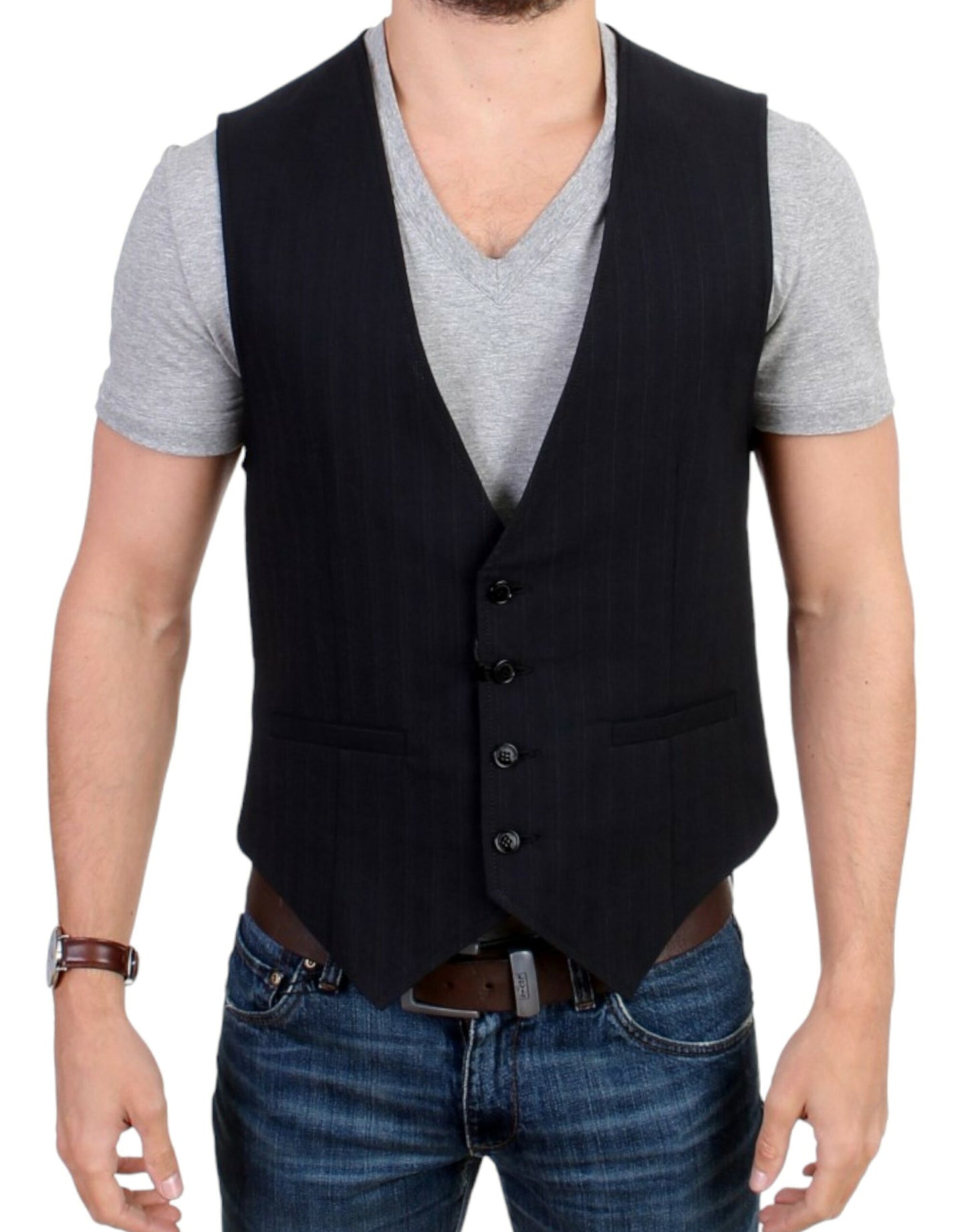 Costume National Black striped cotton casual vest $624.00 Costume National Luzworld