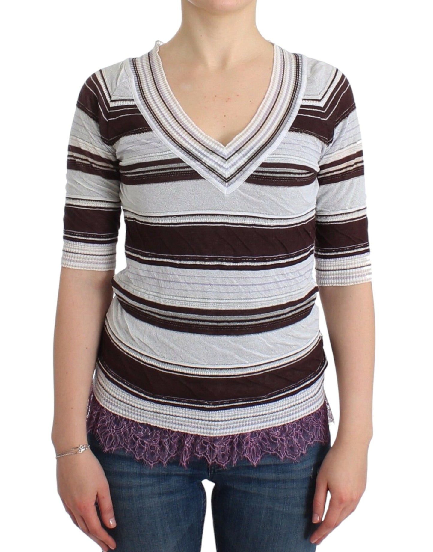 Ermanno Scervino Striped Lace V-Neck Short Sleeve Top Sweater $616.00 Ermanno Scervino Luzworld