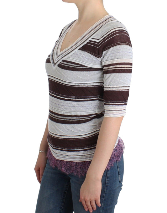Ermanno Scervino Striped Lace V-Neck Short Sleeve Top Sweater $616.00 Ermanno Scervino Luzworld
