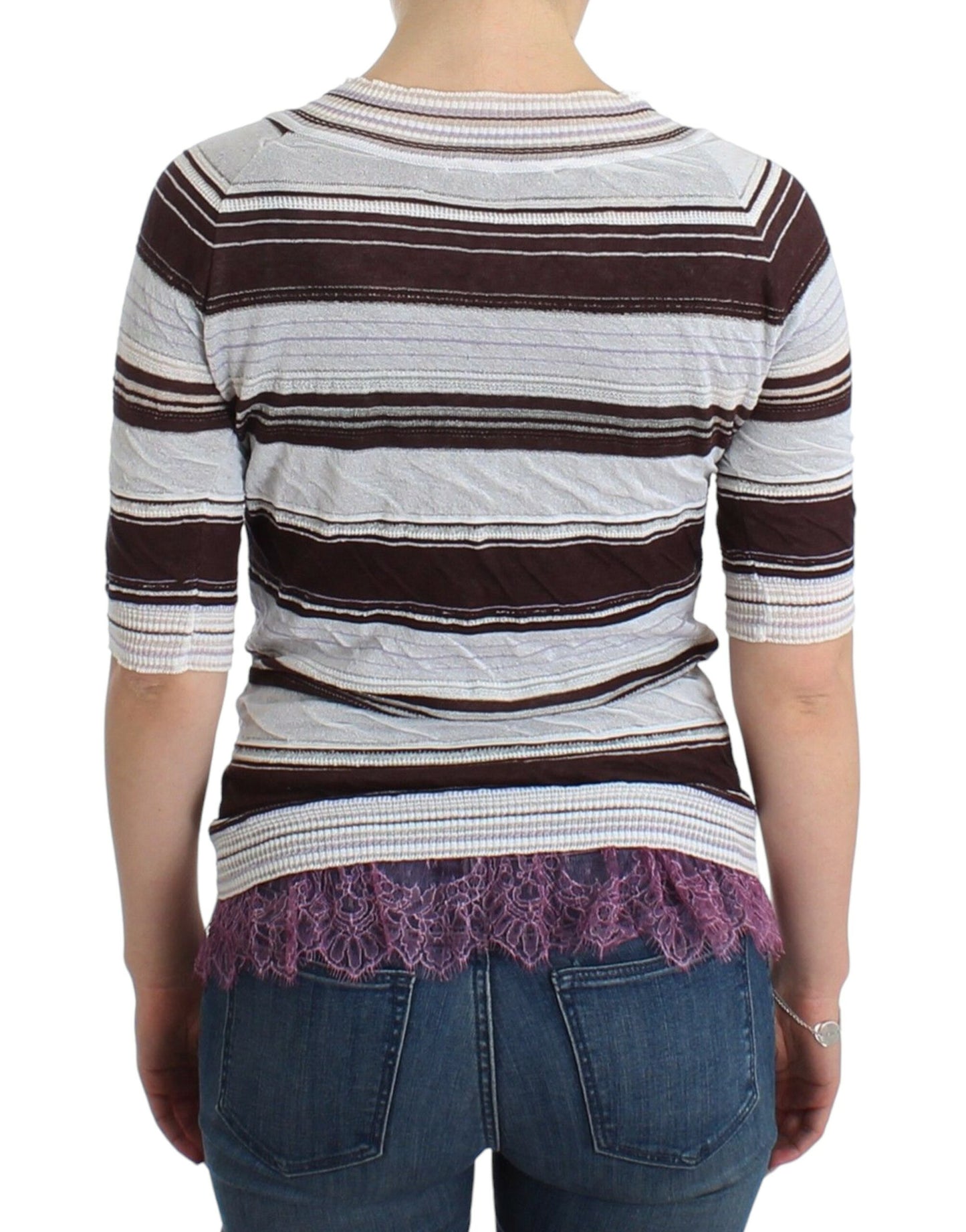 Ermanno Scervino Striped Lace V-Neck Short Sleeve Top Sweater $616.00 Ermanno Scervino Luzworld