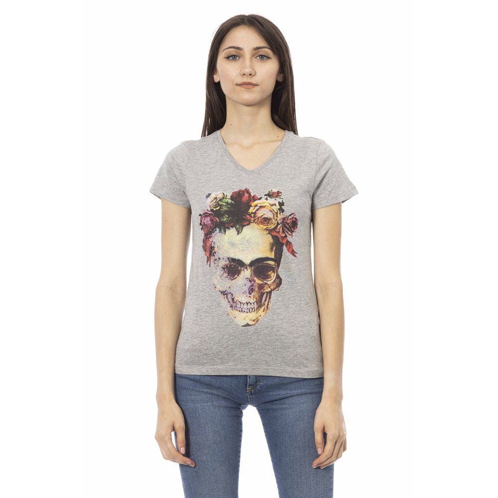 Trussardi Action Gray Cotton Women V-Neck Top $131.00 Trussardi Action Luzworld