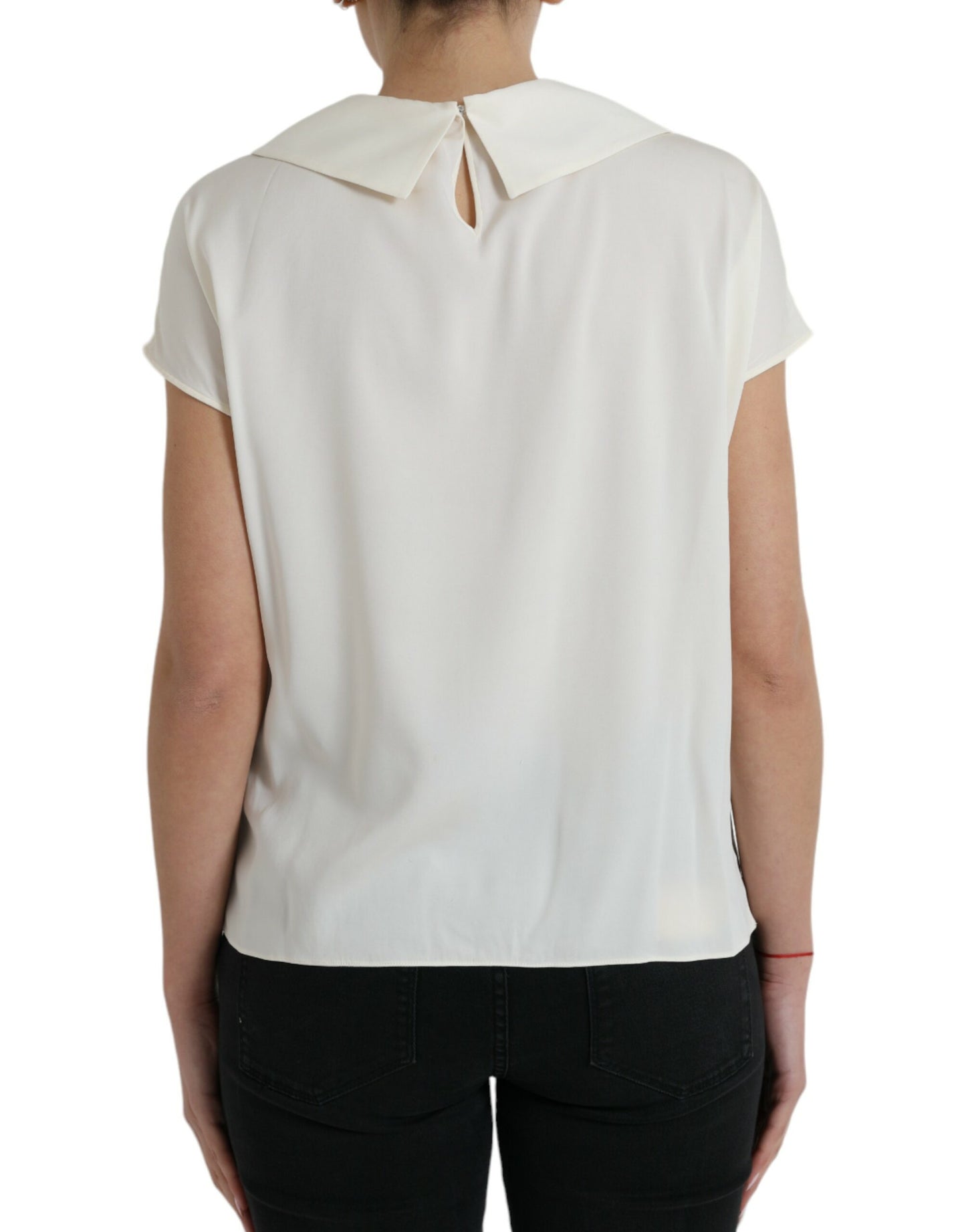 Dolce & Gabbana Off White Silk Lace Trim Short Sleeves Top