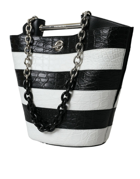 Balenciaga Black White Striped Exotic Skin Leather Maxi Bucket Tote Bag $6267.00 Balenciaga Luzworld