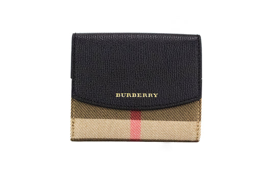 Burberry Luna Black Grained Leather House Check Canvas Coin Pouch Snap Wallet $779.00 Burberry Luzworld