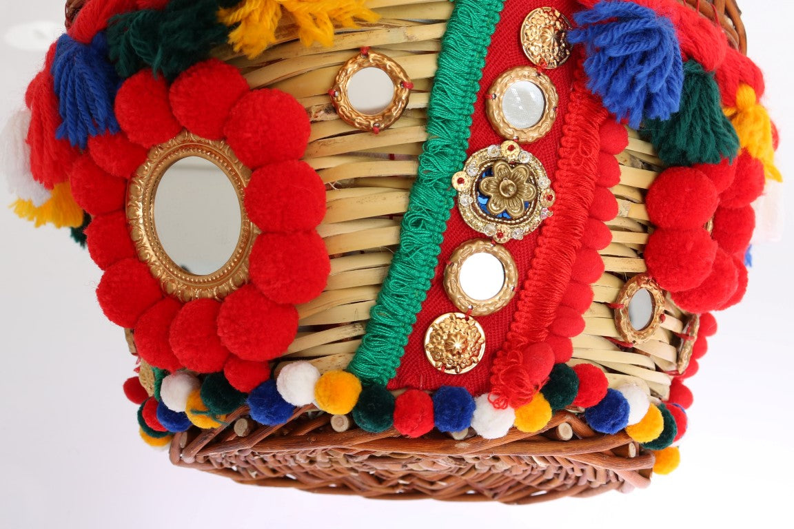 Dolce & Gabbana Multicolor AGNESE Straw Crystal Pom Pom Bag