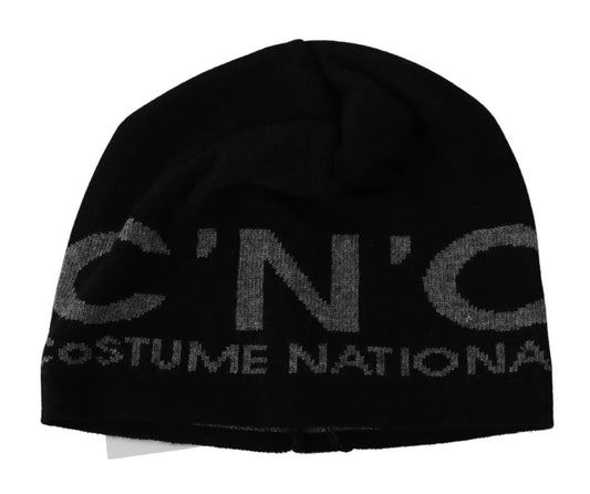Costume National Black Wool Blend Branded Beanie Hat $216.00 Costume National Luzworld