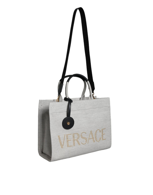 Versace White Top Handle Canvas Leather Logo Crossbody Tote Bag $2692.00 Versace Luzworld