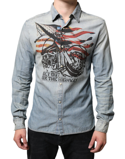 John Galliano Light Blue Printed Cotton Denim Long Sleeves Shirt $700.00 John Galliano Luzworld