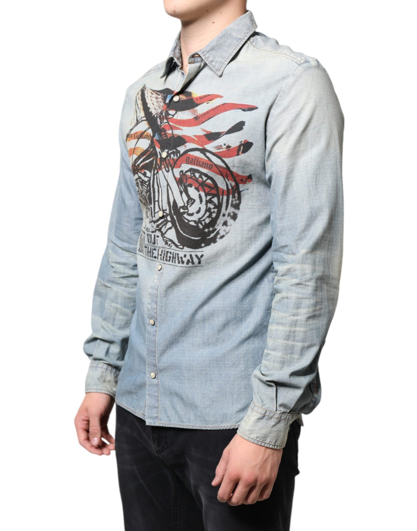 John Galliano Light Blue Printed Cotton Denim Long Sleeves Shirt $700.00 John Galliano Luzworld