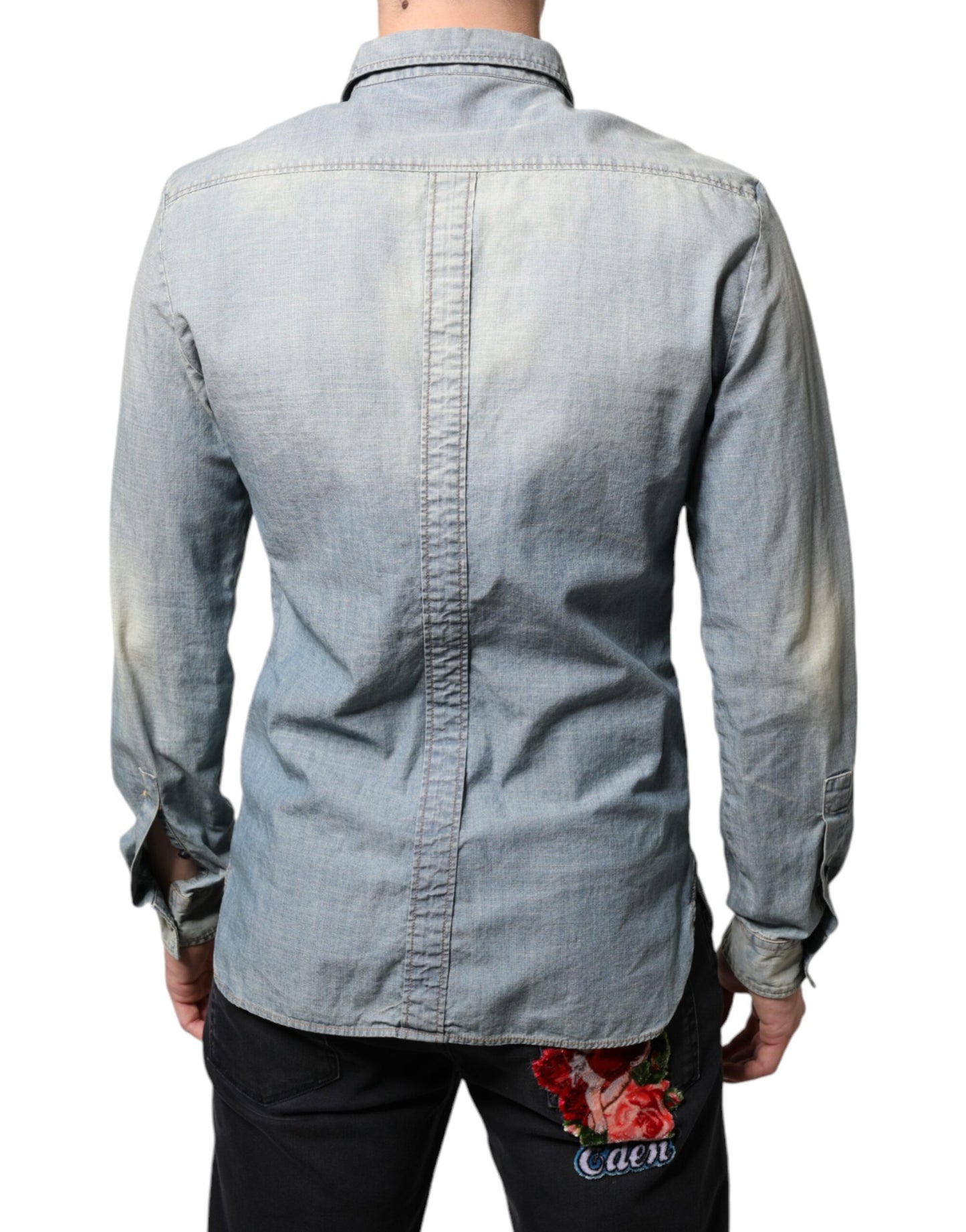 John Galliano Light Blue Printed Cotton Denim Long Sleeves Shirt $700.00 John Galliano Luzworld