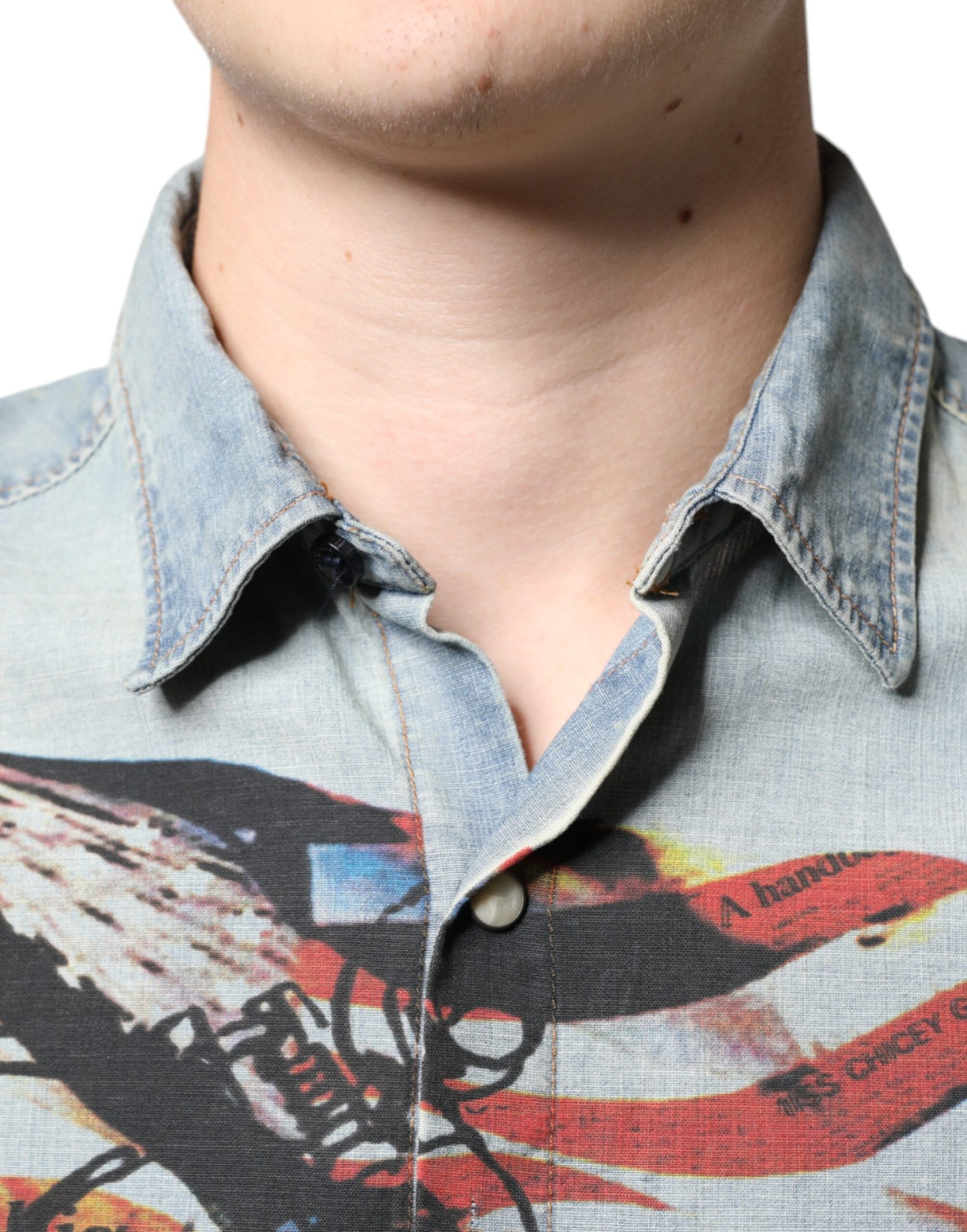 John Galliano Light Blue Printed Cotton Denim Long Sleeves Shirt $700.00 John Galliano Luzworld