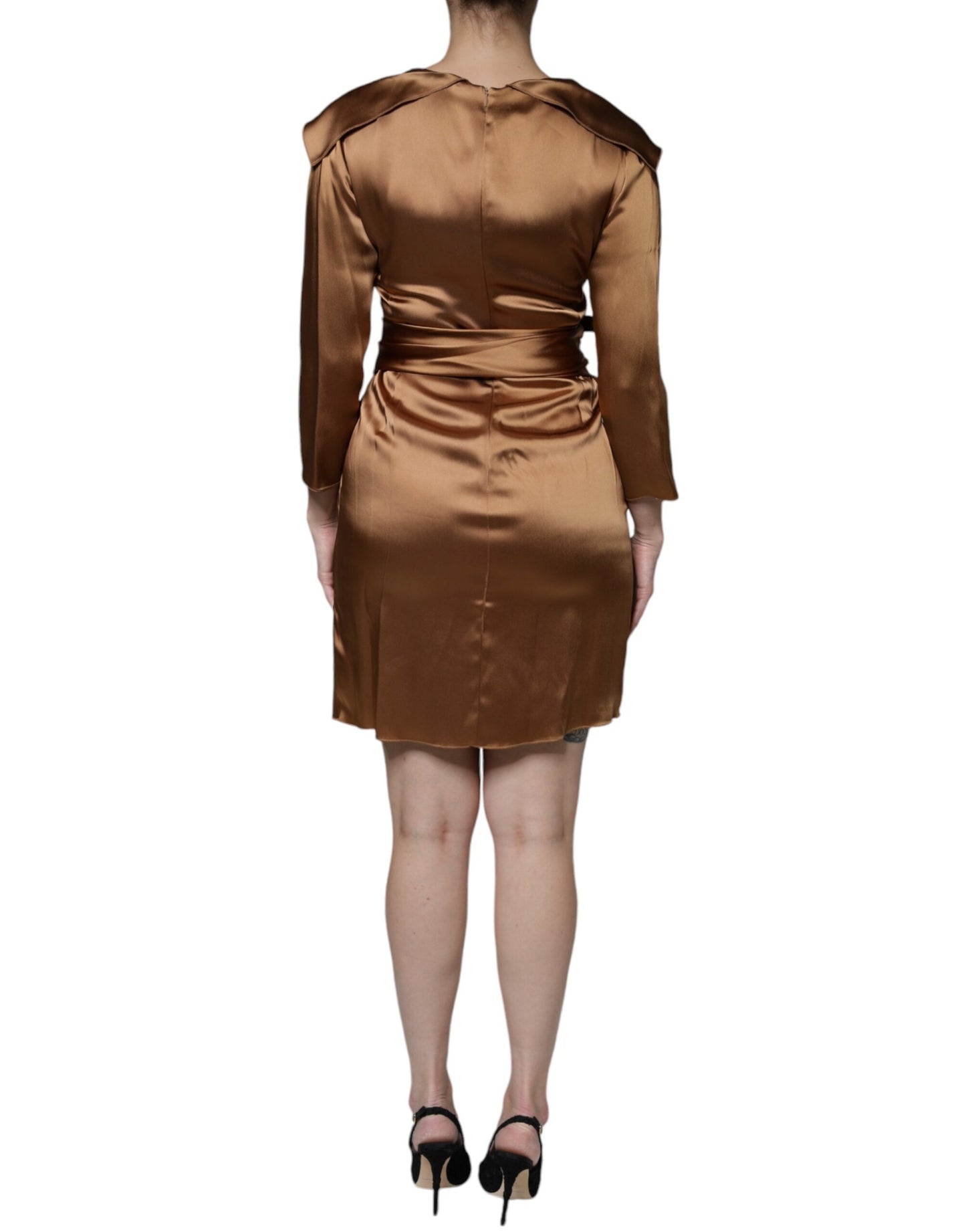 Emporio Armani Brown Satin Long Sleeves Wrap Sheath Mini Dress $1415.00 Emporio Armani Luzworld