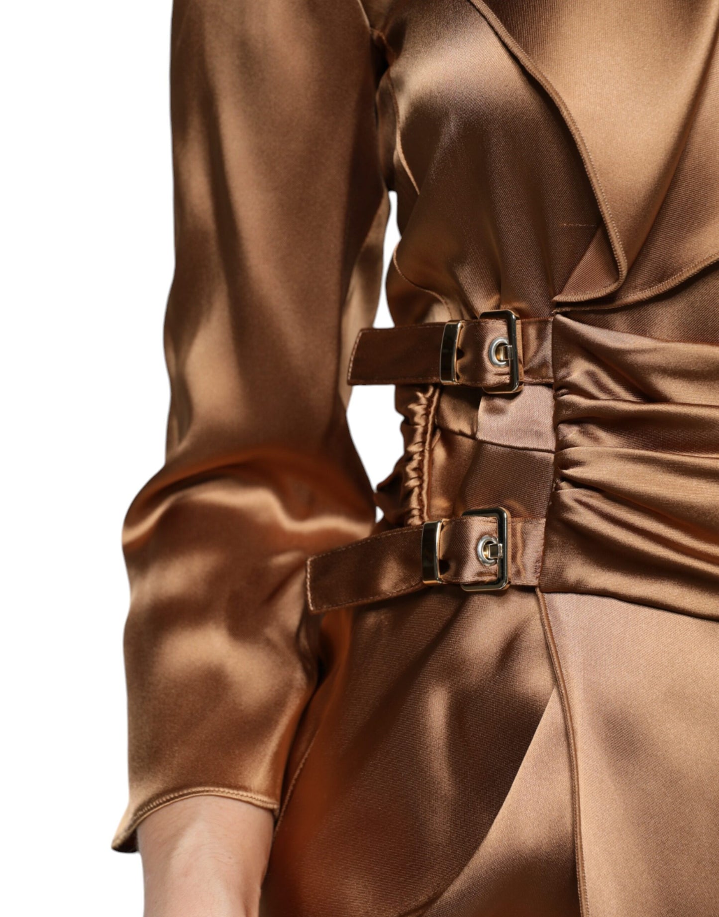 Emporio Armani Brown Satin Long Sleeves Wrap Sheath Mini Dress $1415.00 Emporio Armani Luzworld