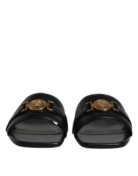 Versace Black Leather Logo Plaque Slip On Slides Flats Shoes $1501.00 Versace Luzworld