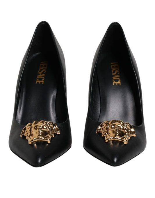 Versace Black Leather Logo Plaque High Heels Pumps Shoes $1614.00 Versace Luzworld