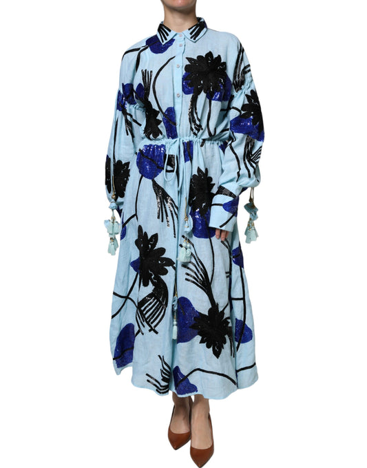 Christian Pellizzari Light Blue Floral Embellished Shirt Maxi Dress $2545.00 Christian Pellizzari Luzworld