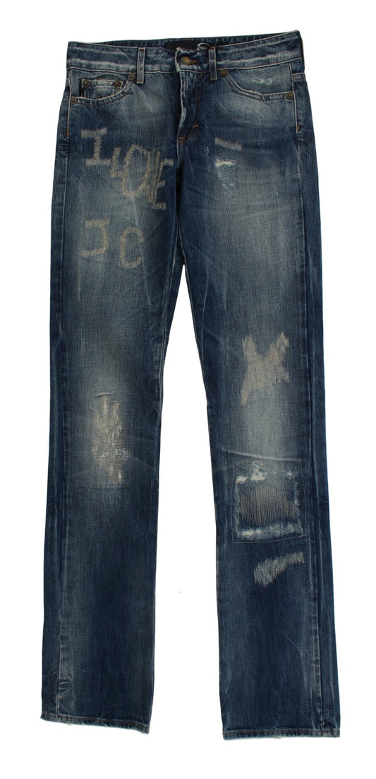 Cavalli Blue Wash Torn Cotton Straight Fit Jeans $578.00 Cavalli Luzworld