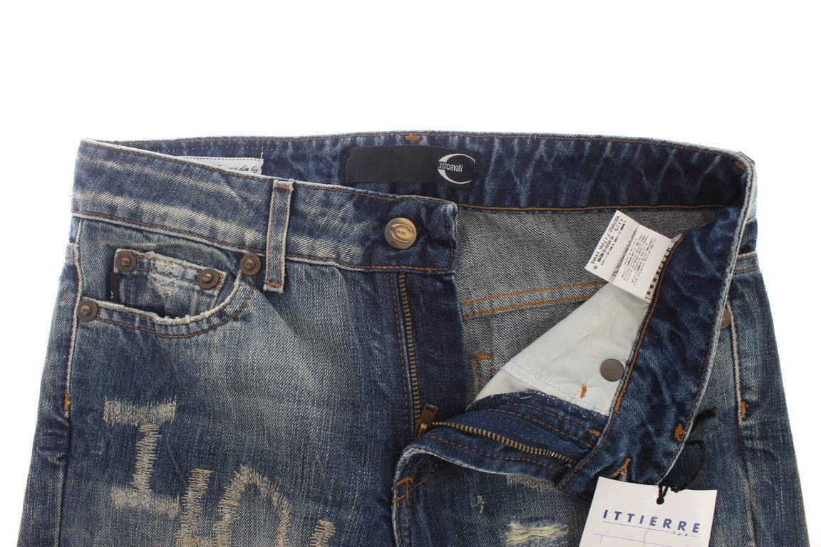 Cavalli Blue Wash Torn Cotton Straight Fit Jeans $578.00 Cavalli Luzworld