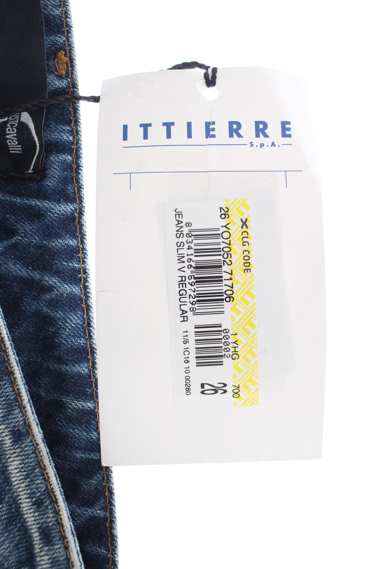 Cavalli Blue Wash Torn Cotton Straight Fit Jeans $578.00 Cavalli Luzworld
