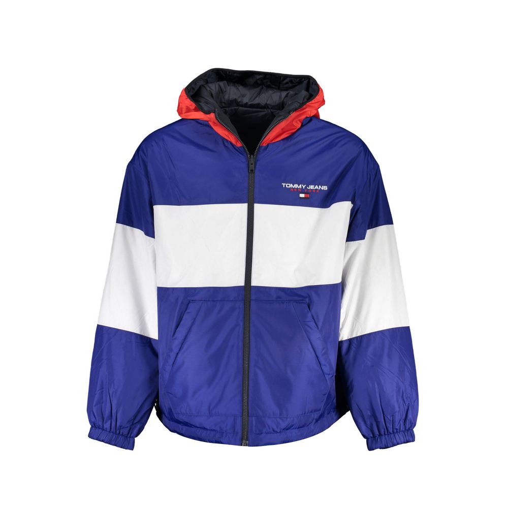 Blue and white jacket with red lining on a white background