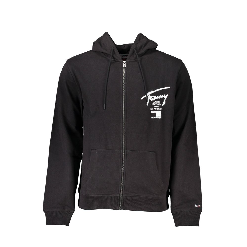 Tommy Hilfiger Black Cotton Men Sweater with Hood and Zip Pockets $265.00 Tommy Hilfiger Luzworld