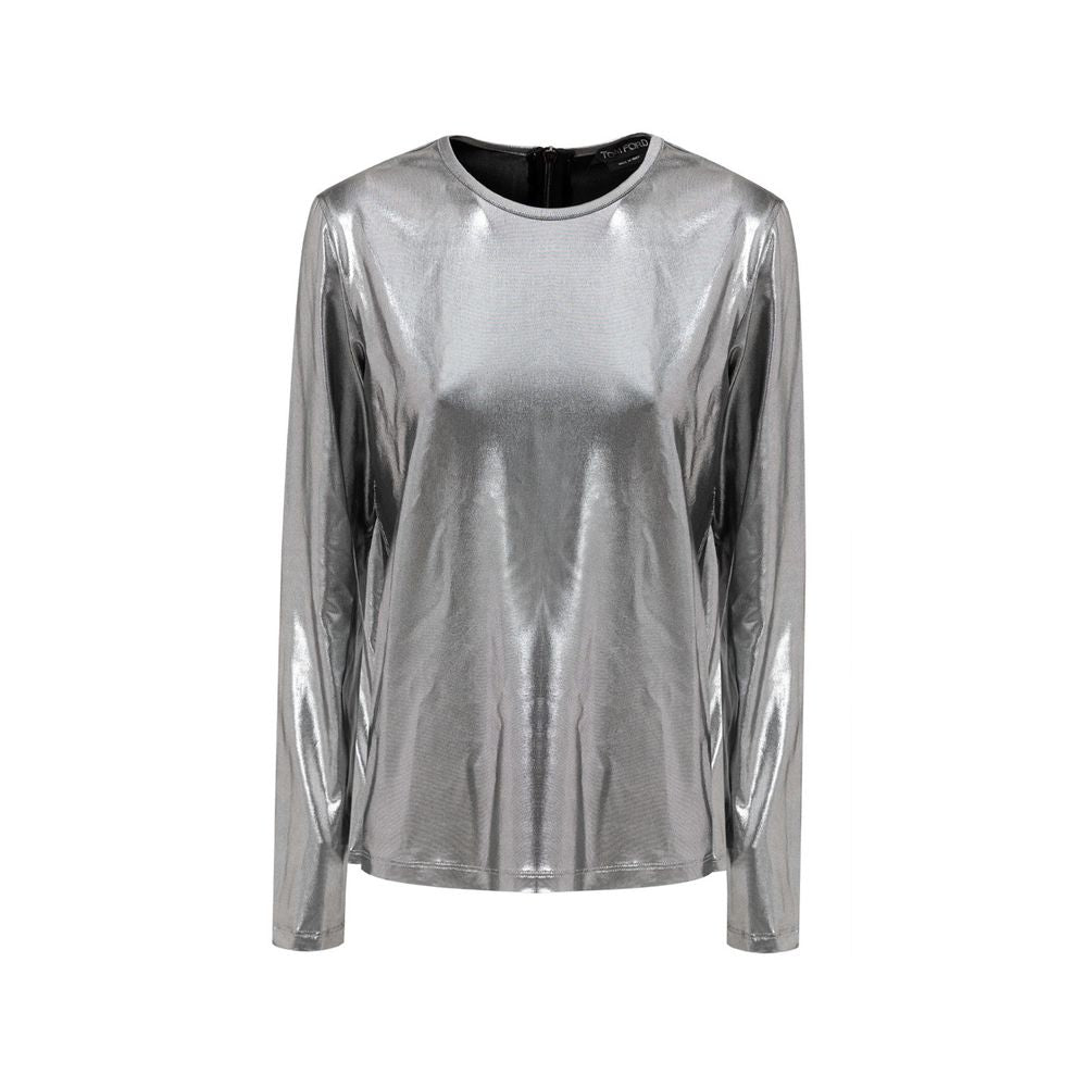 Silver metallic long-sleeve top on a white background