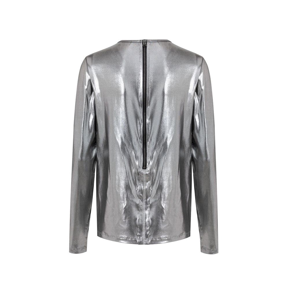 Silver metallic long-sleeve top on a white background