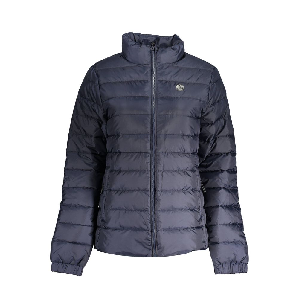 Dark blue puffer jacket on a white background