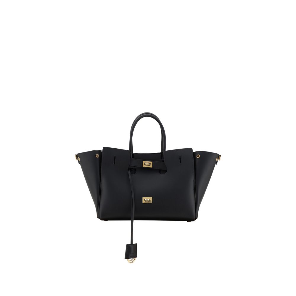 Black handbag with gold accents on a white background